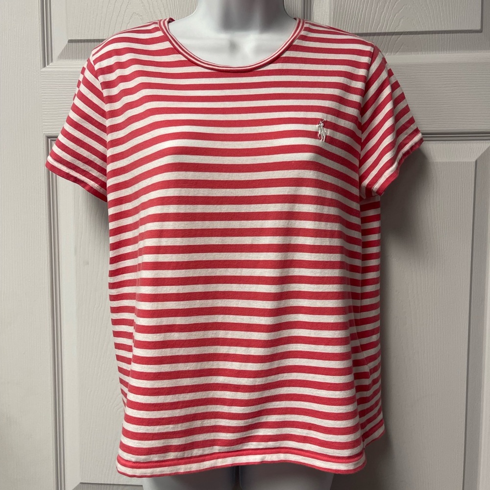 POLO Ralph Lauren Women’s Pink/White Striped Shirt Size L-LARGE